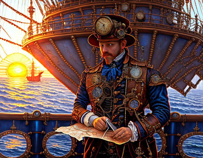 Steampunk-themed illustration of man in Victorian outfit with gears and clocks, navigating map by sailing ship