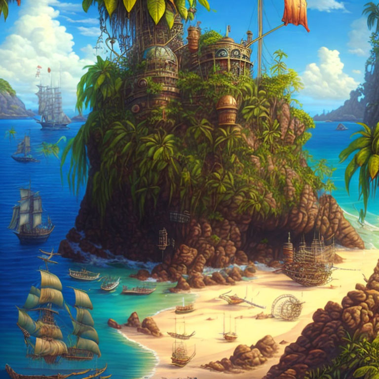 Tropical island with treehouse village, sailboats, and ship on clear blue ocean