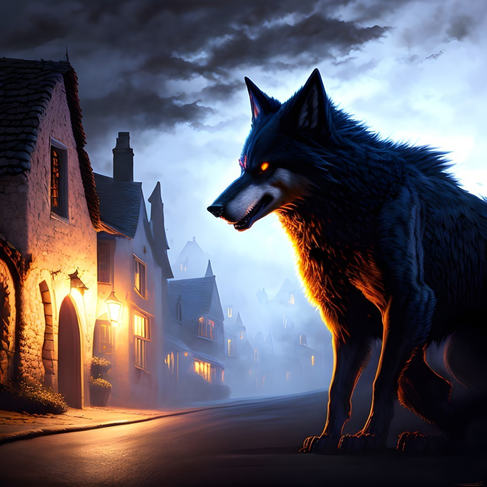 Imposing wolf in dimly lit cobblestone street