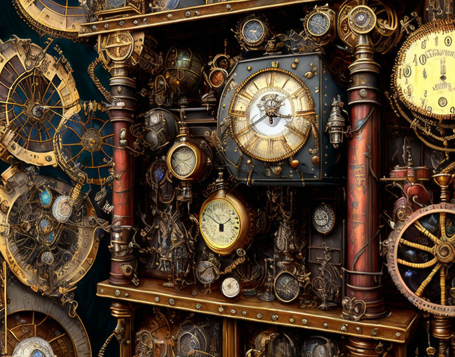 Steampunk-inspired composition with ornate clock and mechanical elements