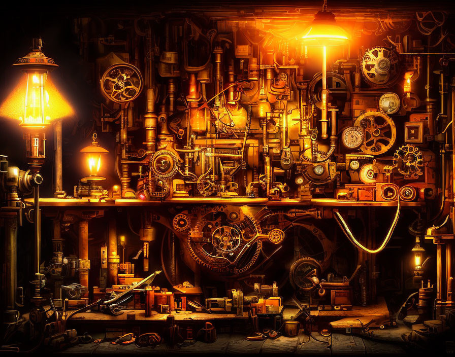 Steampunk machinery setup with glowing lamps, gears, pipes, and mechanical components