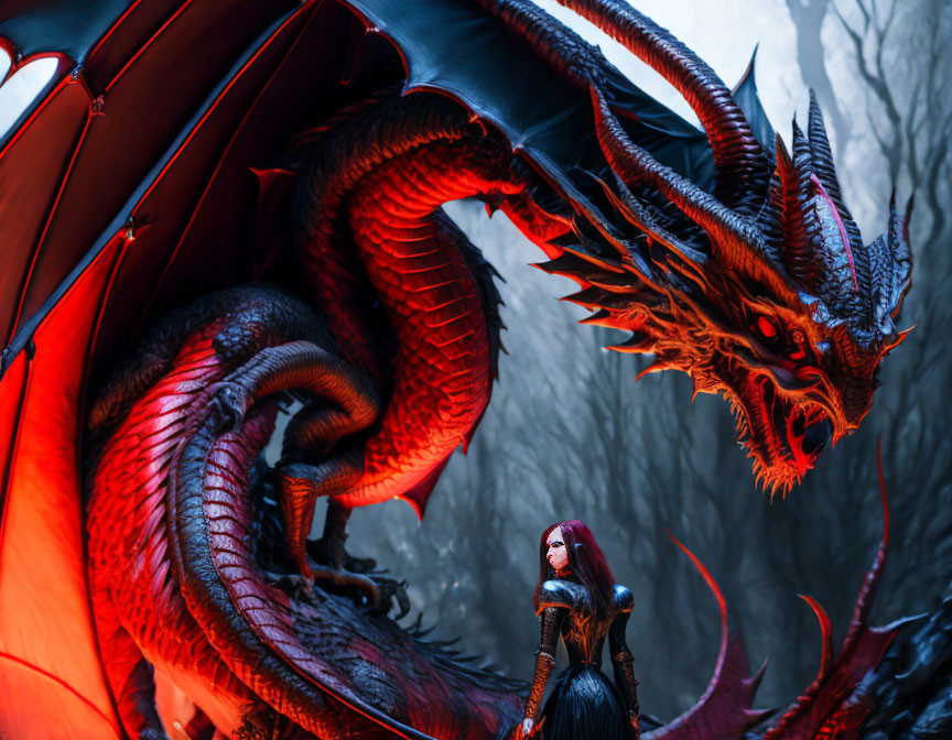 Woman standing beside red dragon in mystical forest setting