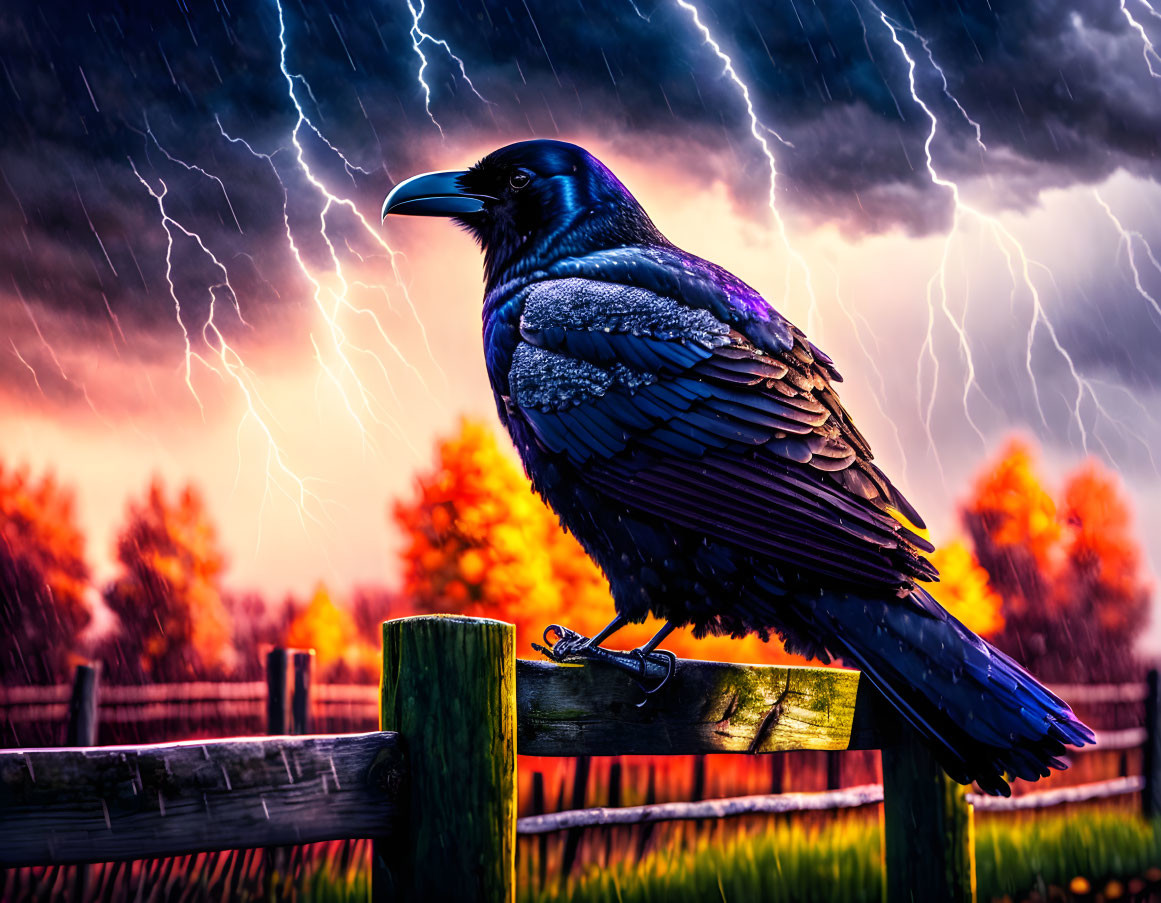 Raven on wooden fence against dramatic stormy sky