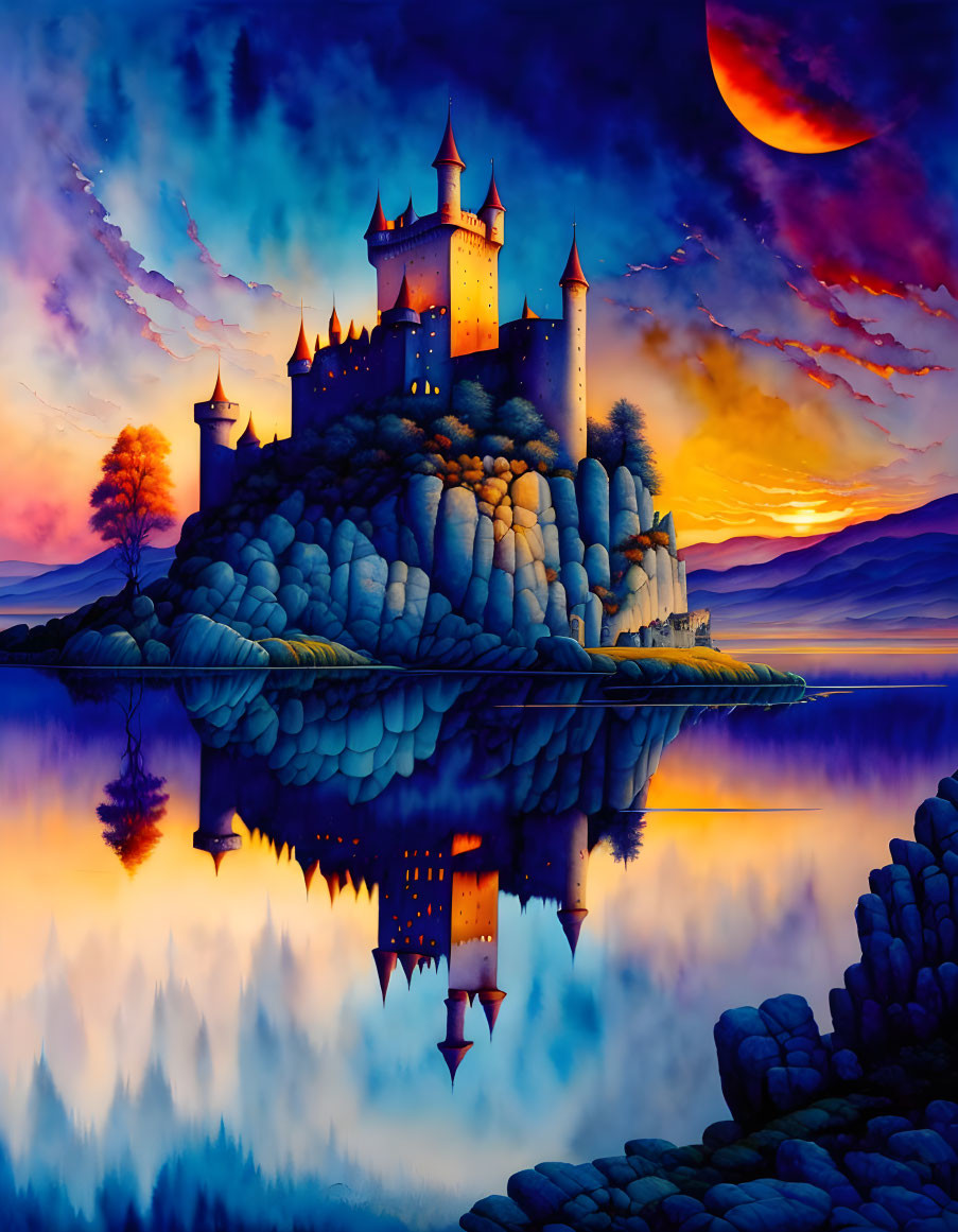 Majestic castle on rocky island under vibrant sunset sky