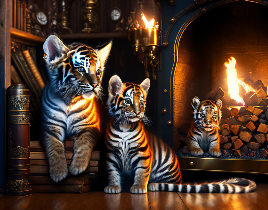 Three Tiger Cubs by Fireplace in Antique-styled Room