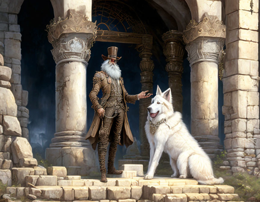 Man in ornate 17th-century attire with top hat standing beside majestic white dog in ancient stone