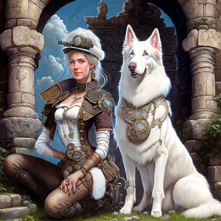 Steampunk woman with mechanical arm beside white wolf in fantasy scene