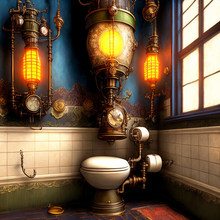 Steampunk-style Bathroom with Brass Fixtures and Mechanical Aesthetic