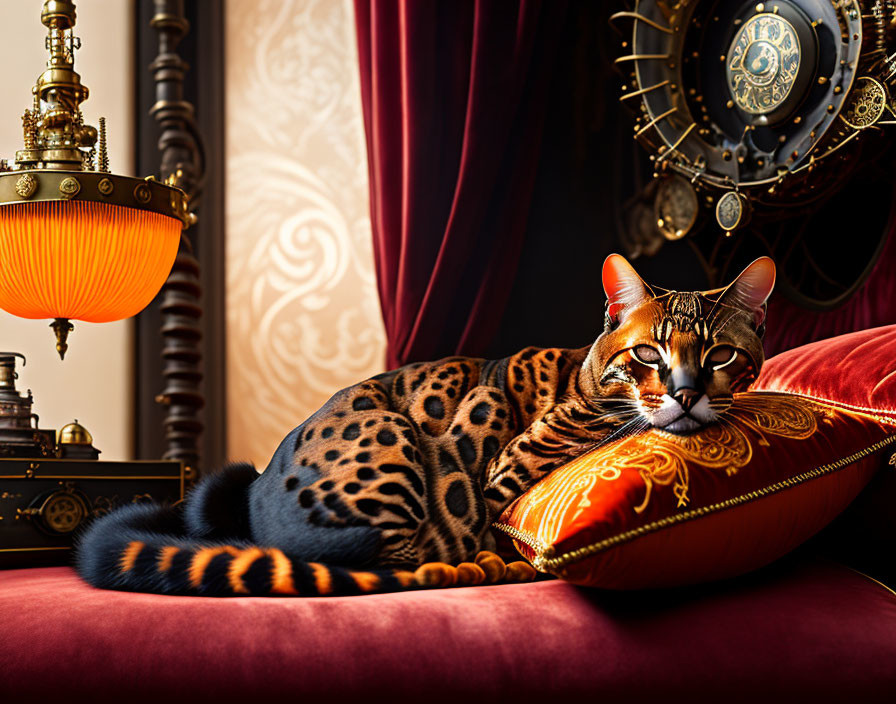 Bengal Cat on Red Cushion with Steampunk Decor