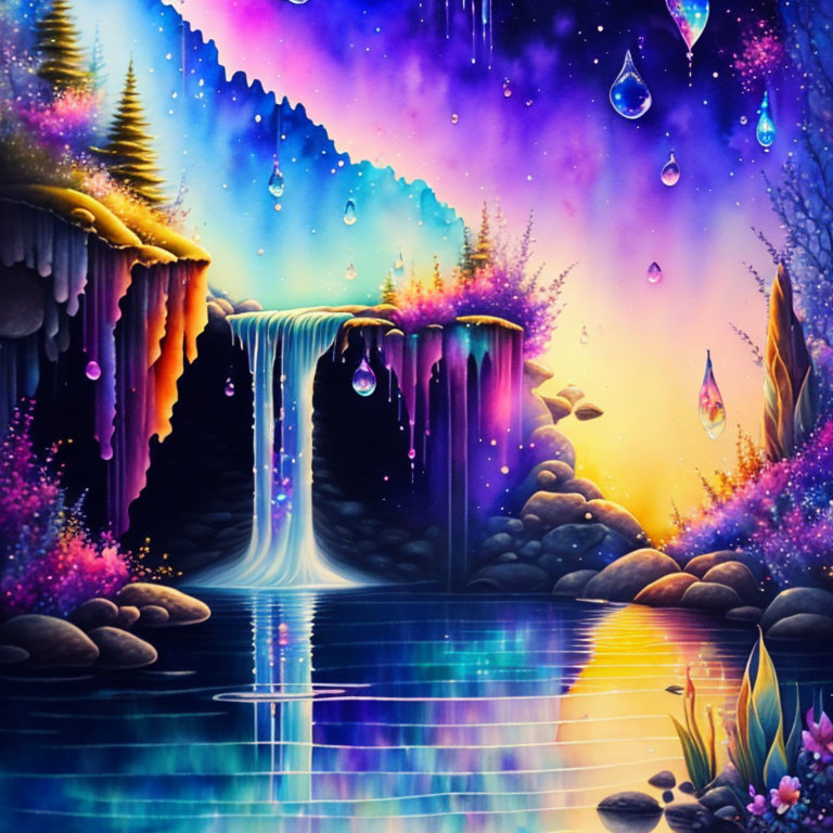 Fantasy landscape with waterfall, glowing plants & starry sky