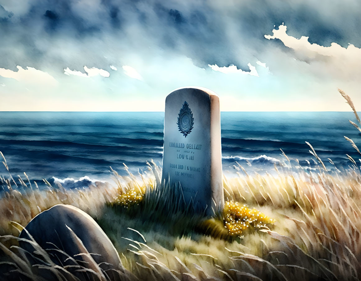 Tranquil seaside landscape with tombstone and ocean view