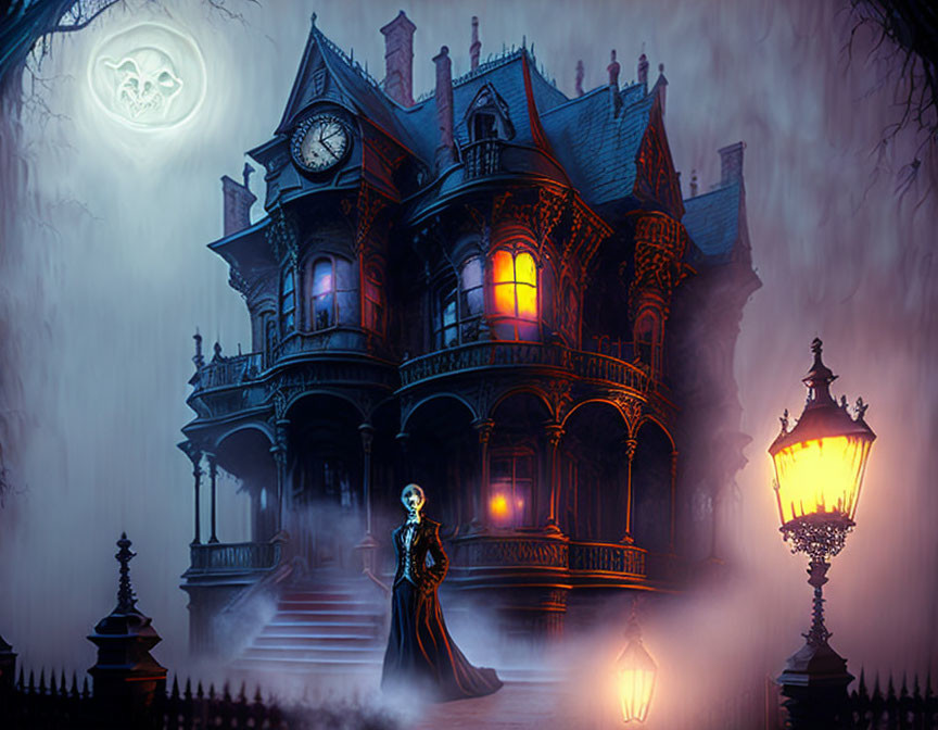 Gothic-style haunted house at night with glowing windows and ghostly figure