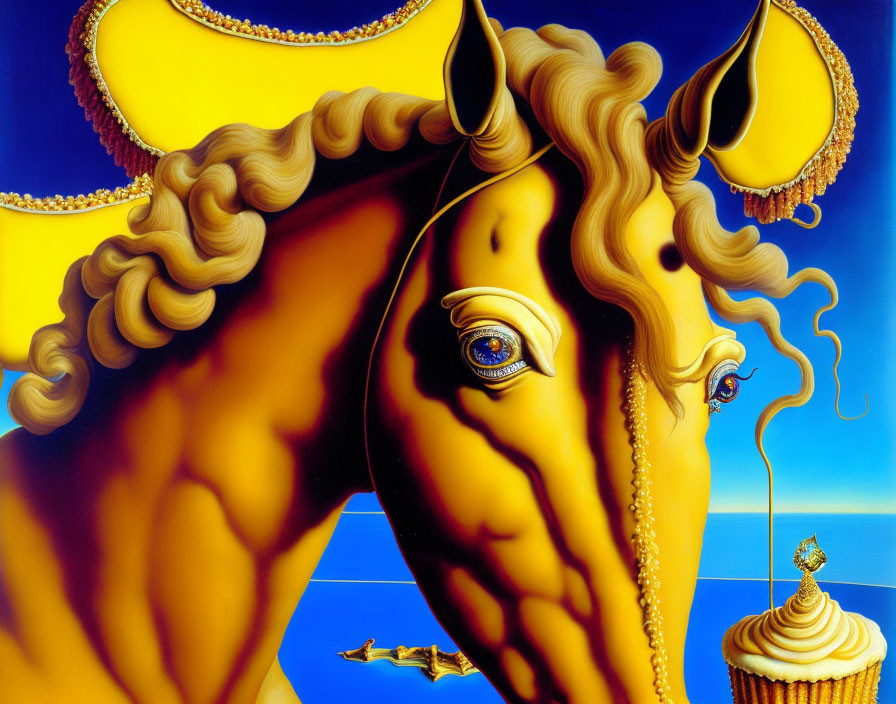 Detailed surreal painting: golden horse, intricate details, blue background, small figure on cupcake.