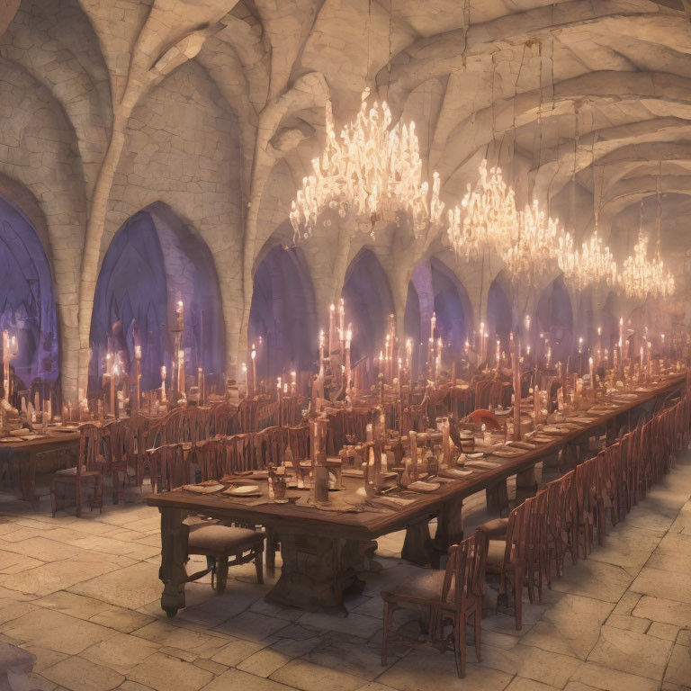 Medieval banquet hall with wooden tables, chandeliers, and blue banners