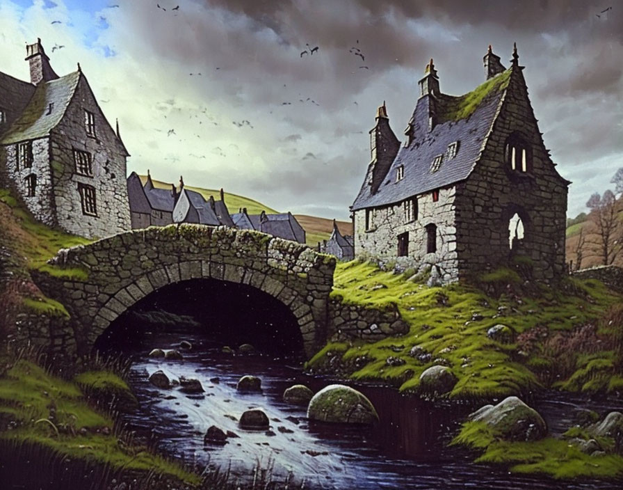 Stone bridge and abandoned house in grassy landscape under cloudy sky