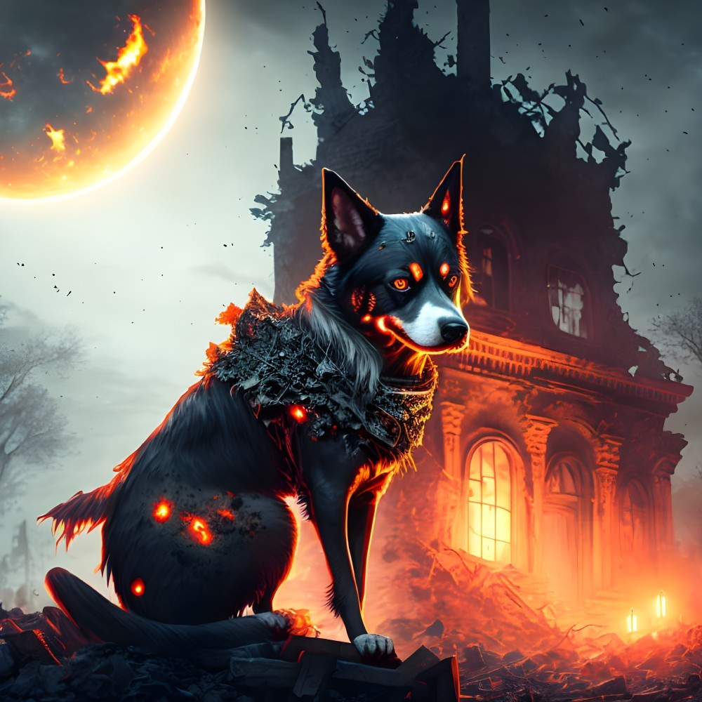 Mystical black dog with glowing red eyes in apocalyptic landscape