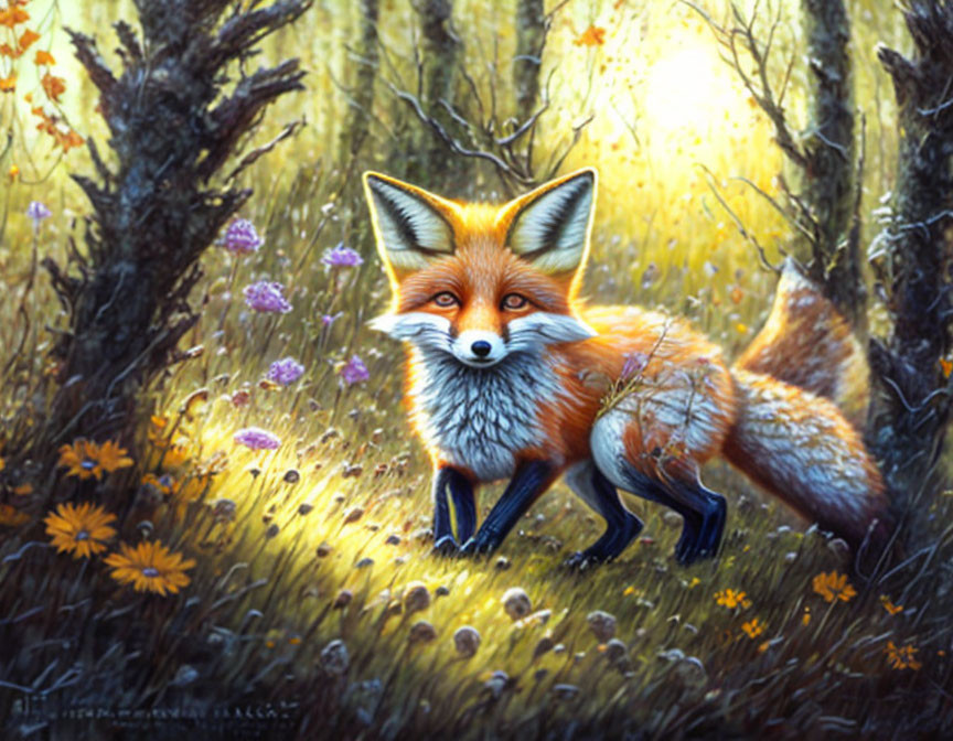 Fox in sunlit forest with wildflowers: vibrant orange fur and attentive gaze