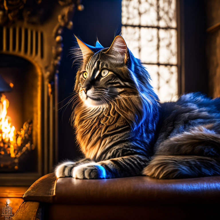 Majestic Maine Coon Cat by Fireplace with Blue Crown