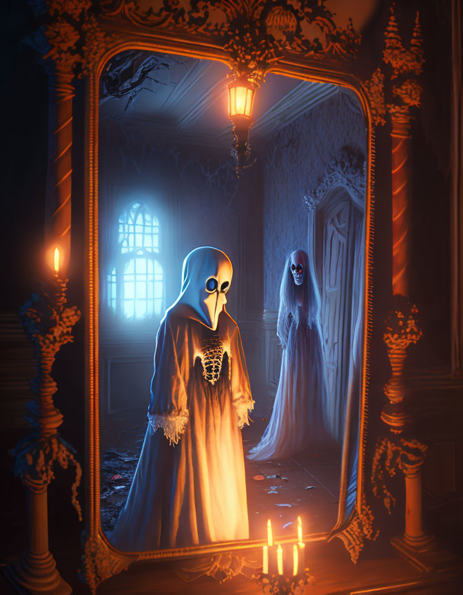 Skull chest spectral figure and eerie mirror reflection in dimly lit room