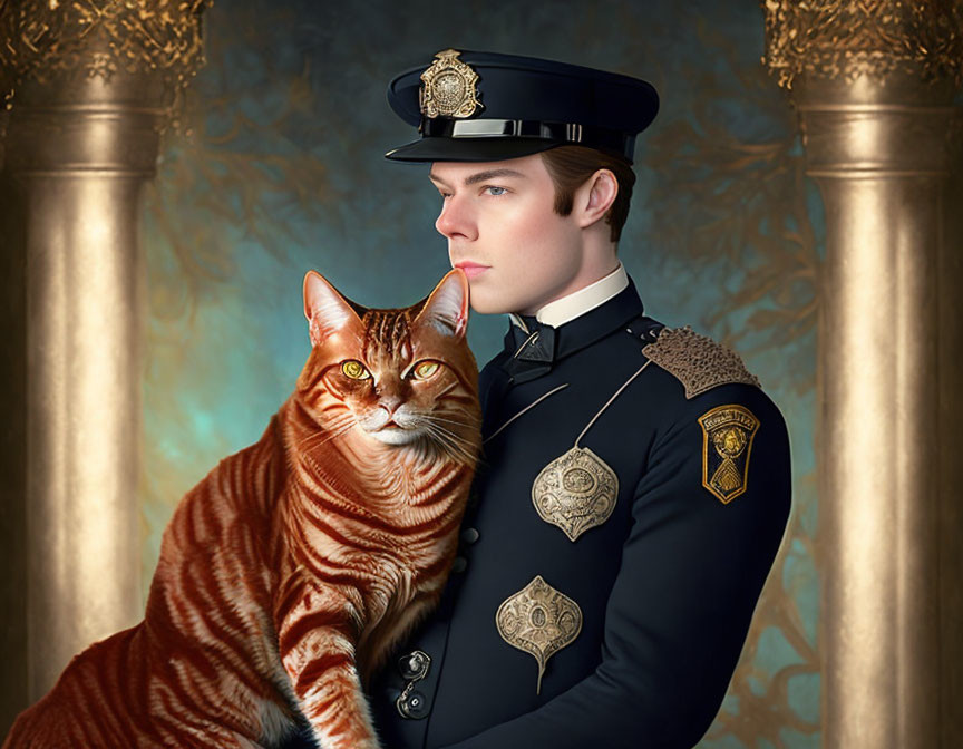 Police officer holds ginger tabby cat in regal setting