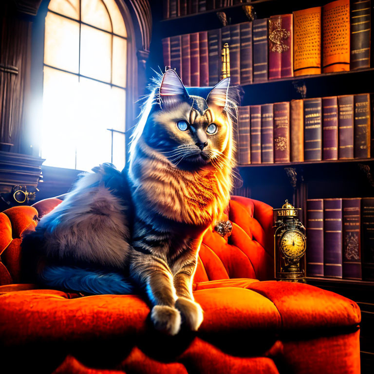 Majestic cat with striking eyes lounging on red velvet cushion in sunlit library