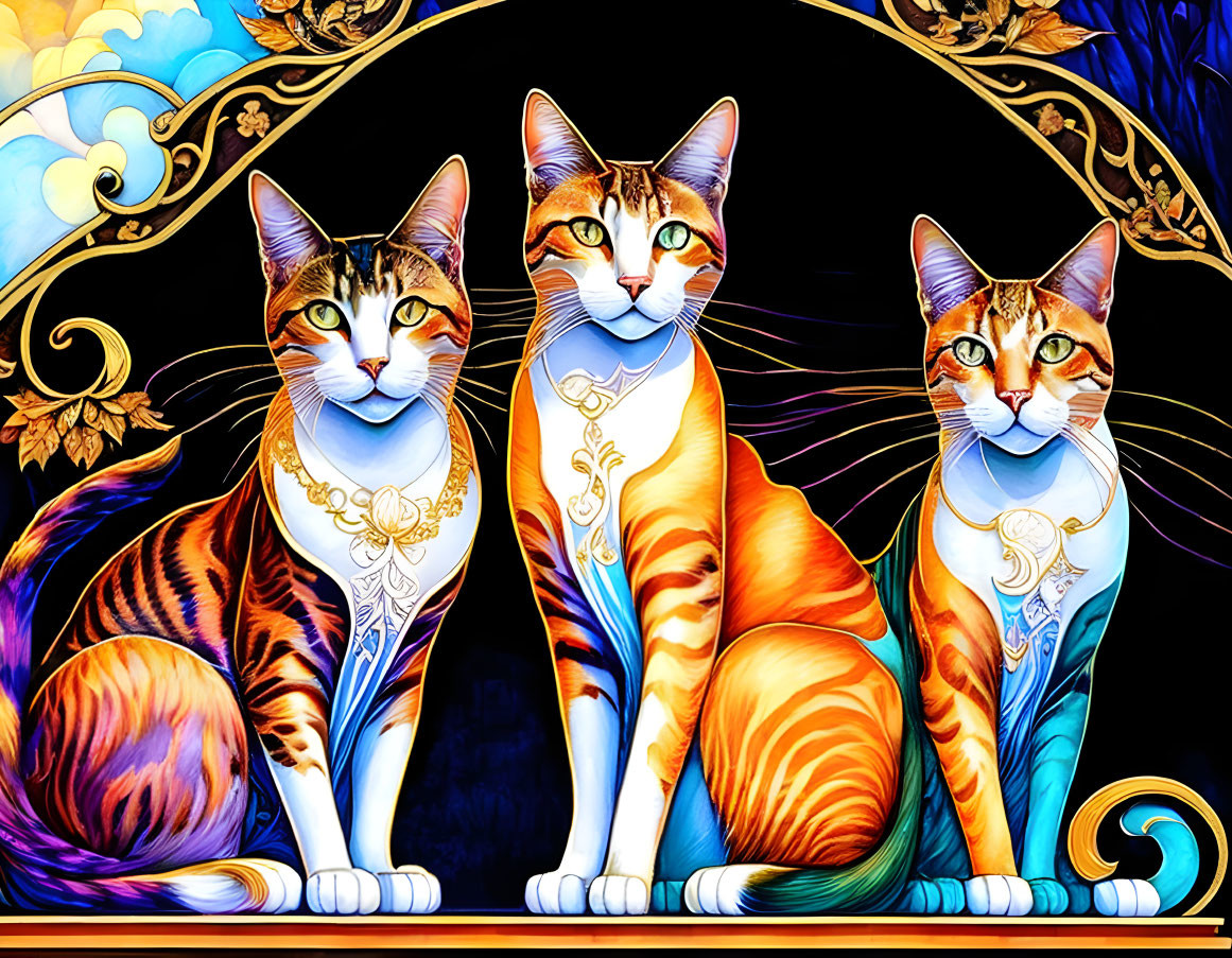 Three Colorful Stylized Cats Against Dark Background with Golden Accents