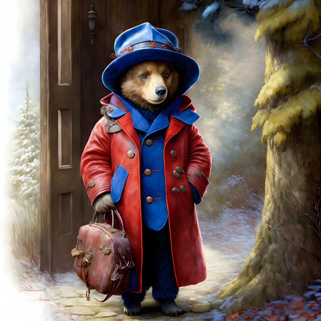 Anthropomorphic bear in vintage attire with suitcase by snowy forest door