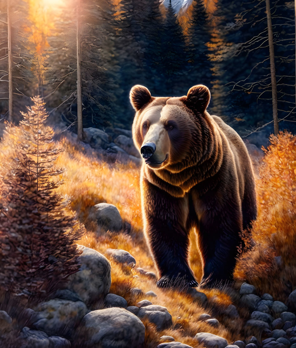 Majestic brown bear in sunlit forest with golden foliage