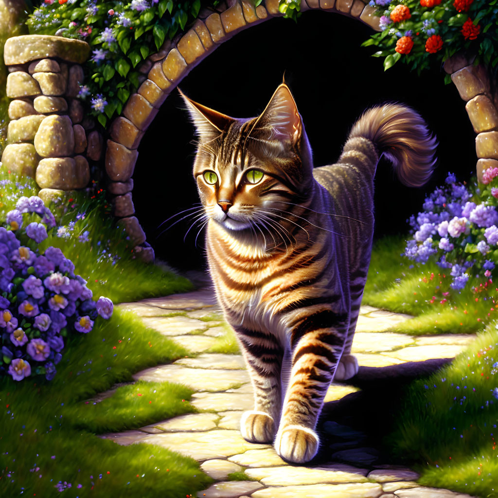 Majestic Tabby Cat Walking on Stone Path Amid Flowers