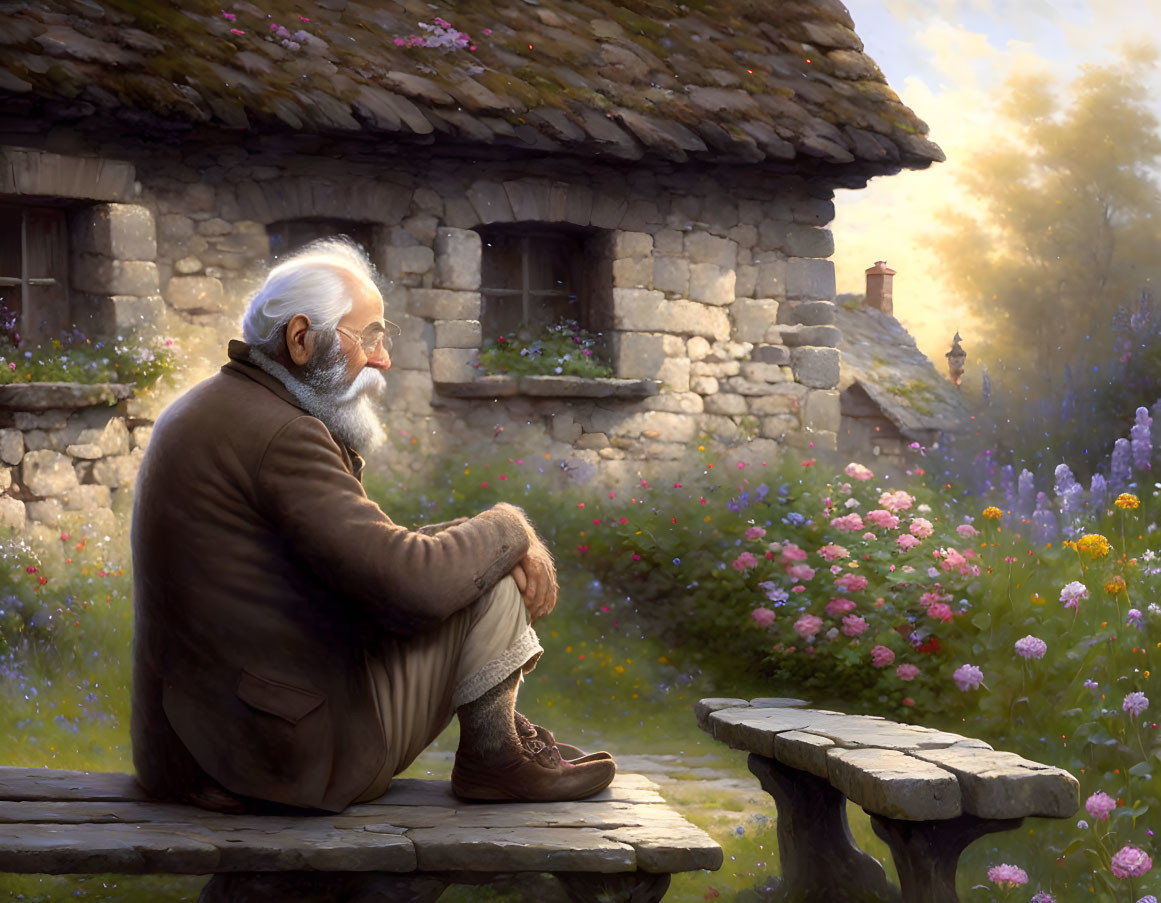 Elderly man on rustic wooden bench by stone cottage at sunset