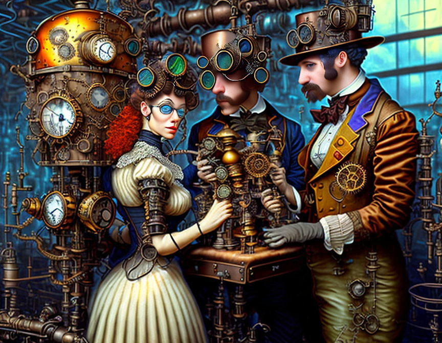 Steampunk-themed artwork featuring three characters amidst gears in a Victorian setting