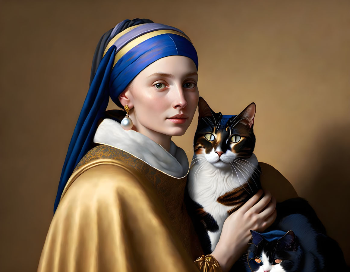 Woman in blue headscarf with calico cat and companion cat reinterpretation.