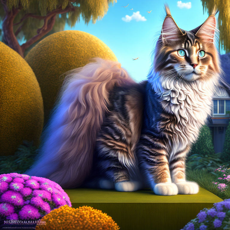 Vibrant digital painting of a tabby cat in a lush garden