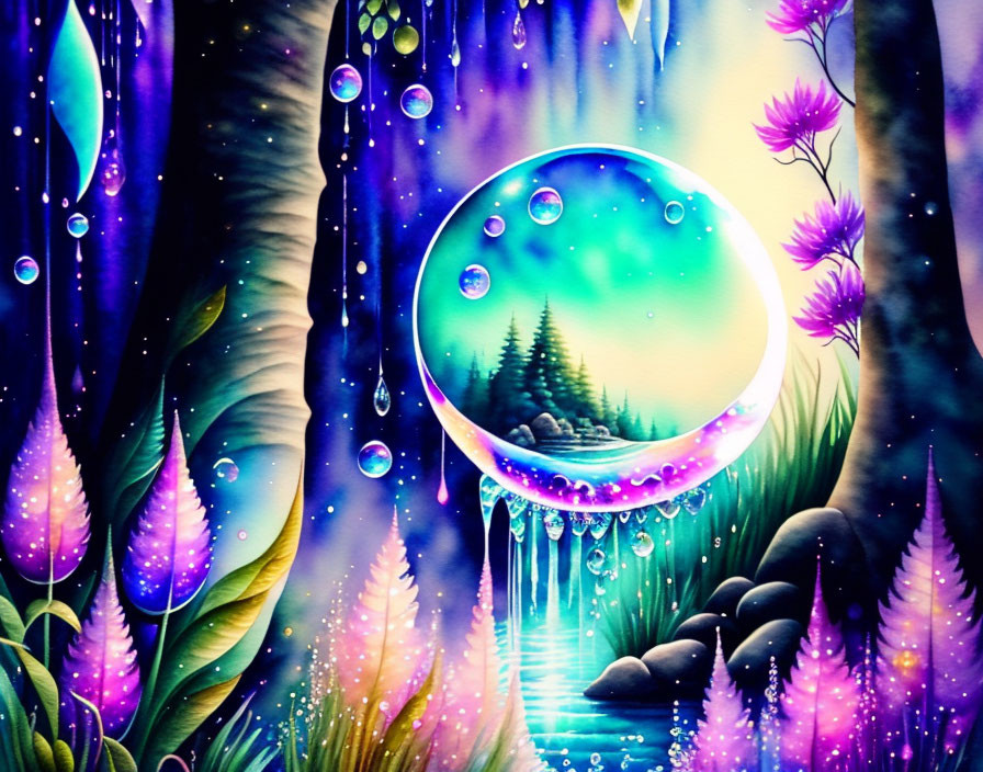 Colorful Fantasy Landscape Painting with Glowing Purple Plants and Forest Bubble Scenes