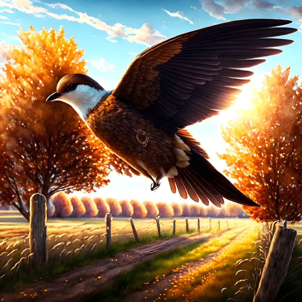 Large bird with expansive wings flying over autumn countryside path.