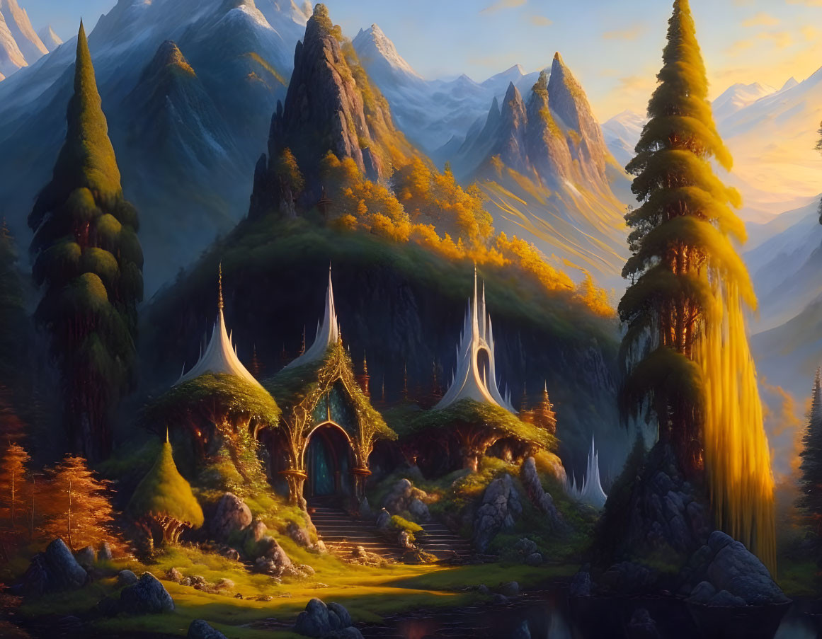 Fantasy landscape with mountains, forests, and elven architecture at sunset