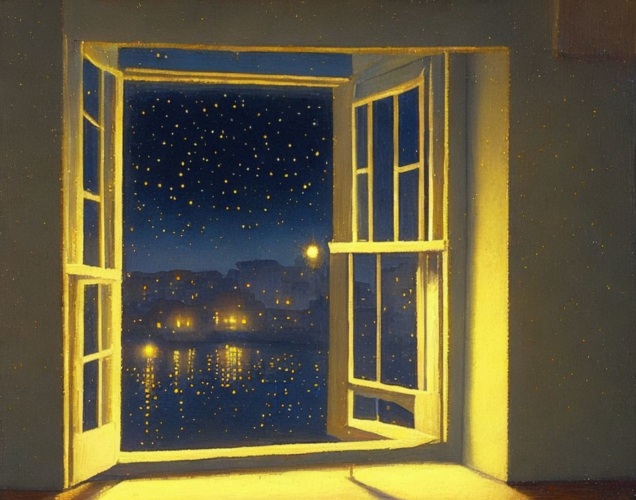 Nighttime cityscape with starry sky through open window