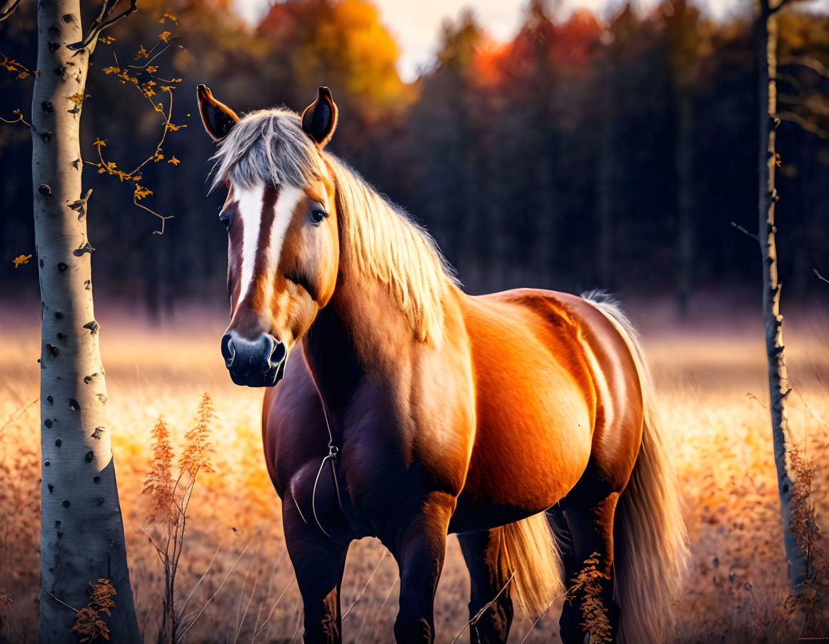 Majestic brown horse in serene autumn forest with golden light