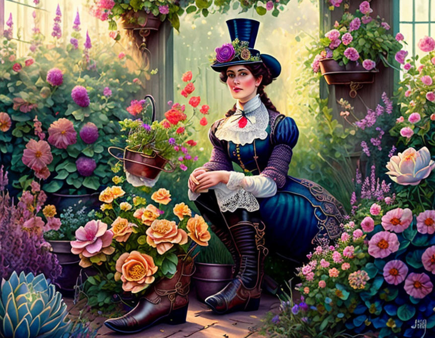 Victorian-styled woman in top hat surrounded by colorful flowers