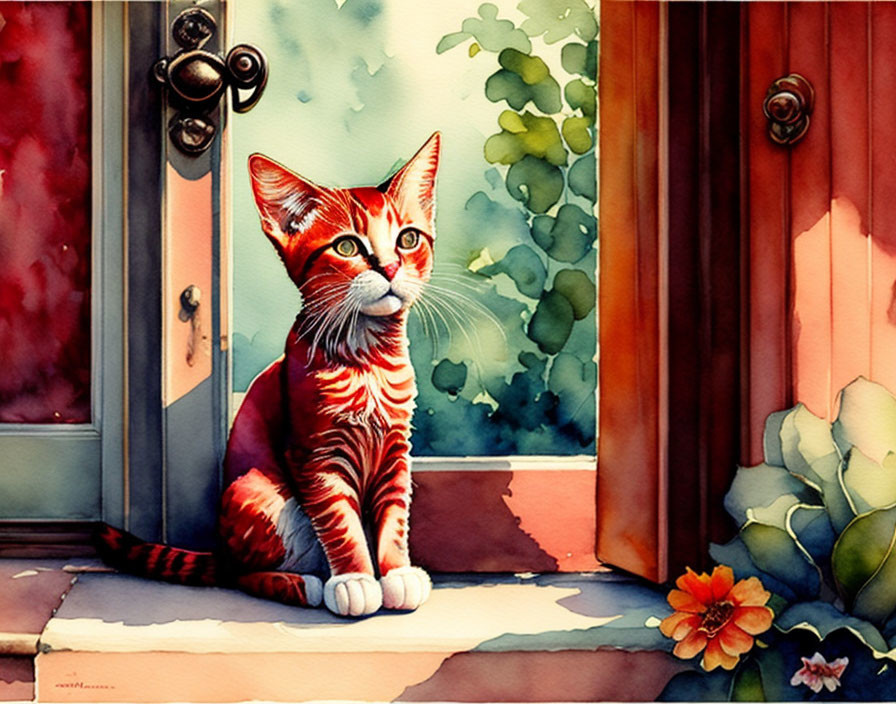 Orange striped cat in watercolor on doorstep with red and purple backdrop