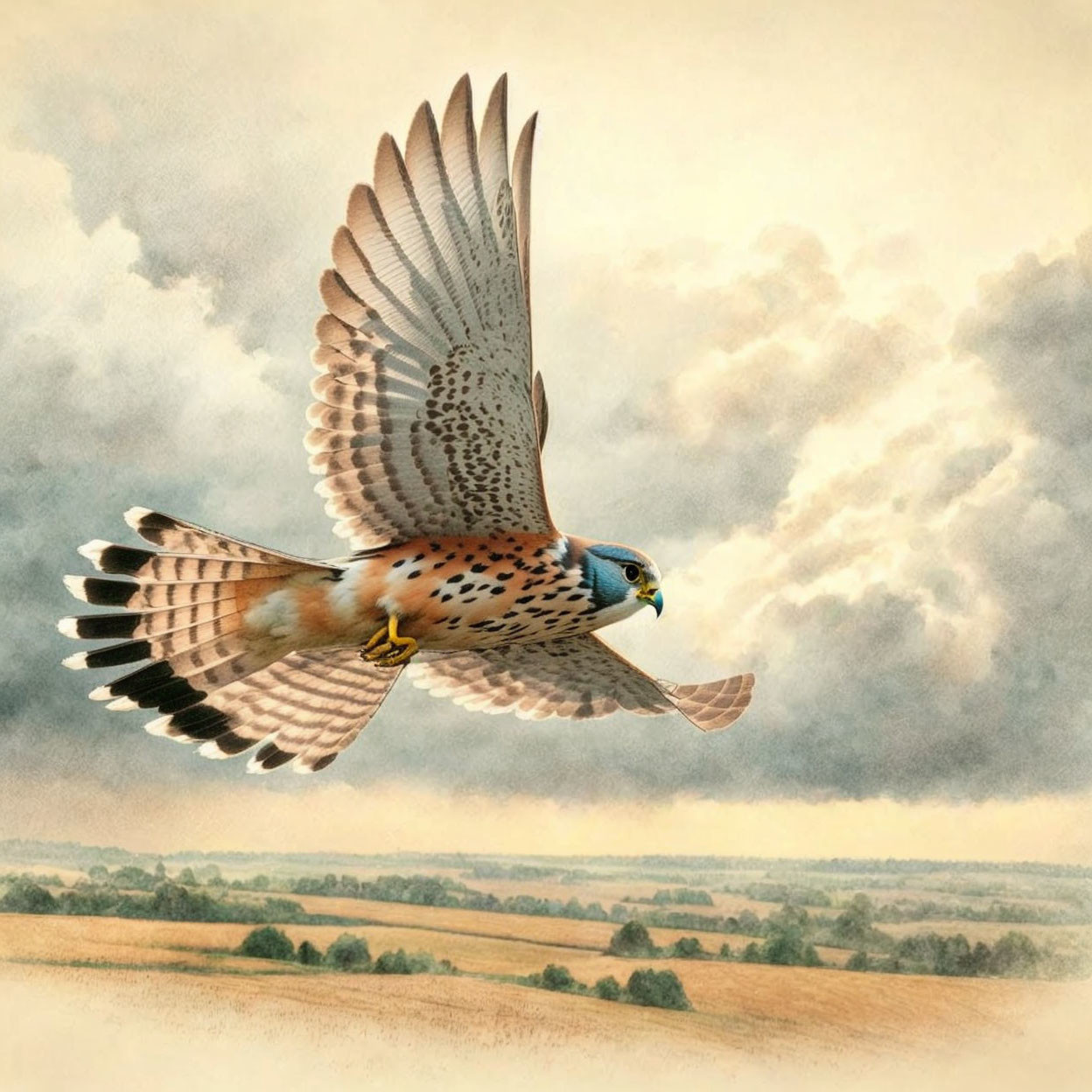 Kestrel Soaring Over Cloudy Pastoral Landscape