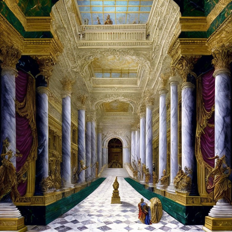 Luxurious Baroque Hall with Ornate Ceiling, Marble Columns, Draperies, Checkered Floor