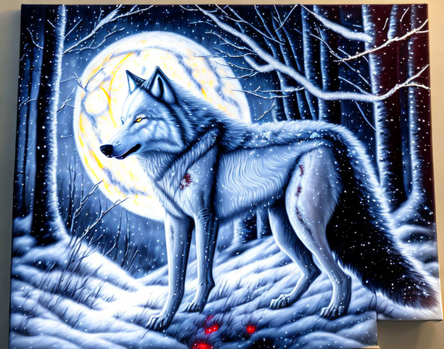 Gray wolf in snowy forest under full moon