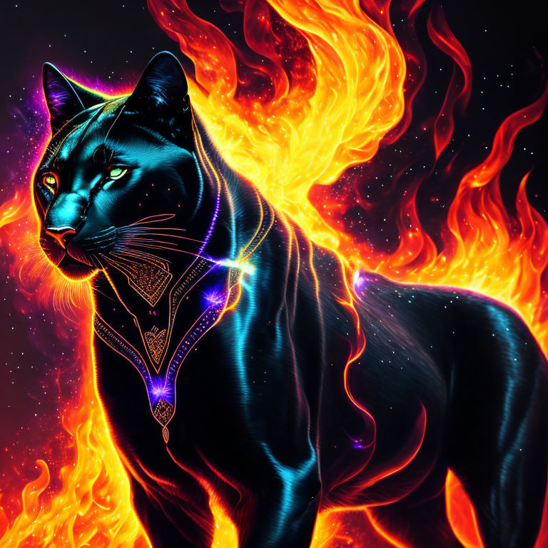 Majestic black cat illustration with glowing blue outlines