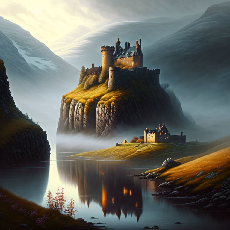 Majestic cliff-top castle with misty mountains and serene lake at twilight