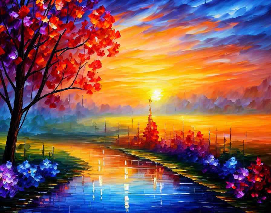 Colorful Sunset Oil Painting with Radiant Sky and Blooming Trees