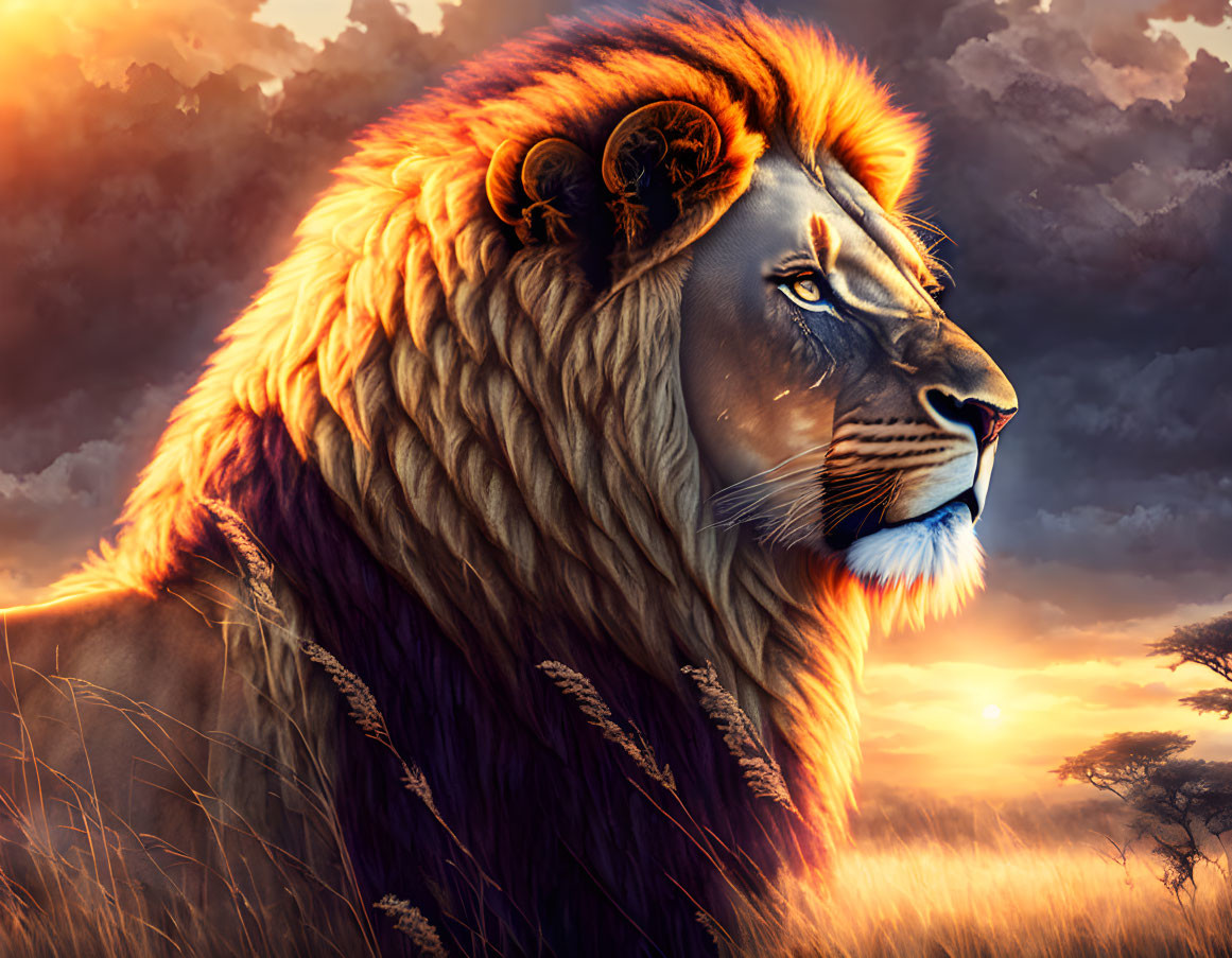 Digitally-rendered lion with vibrant mane in savannah sunset.