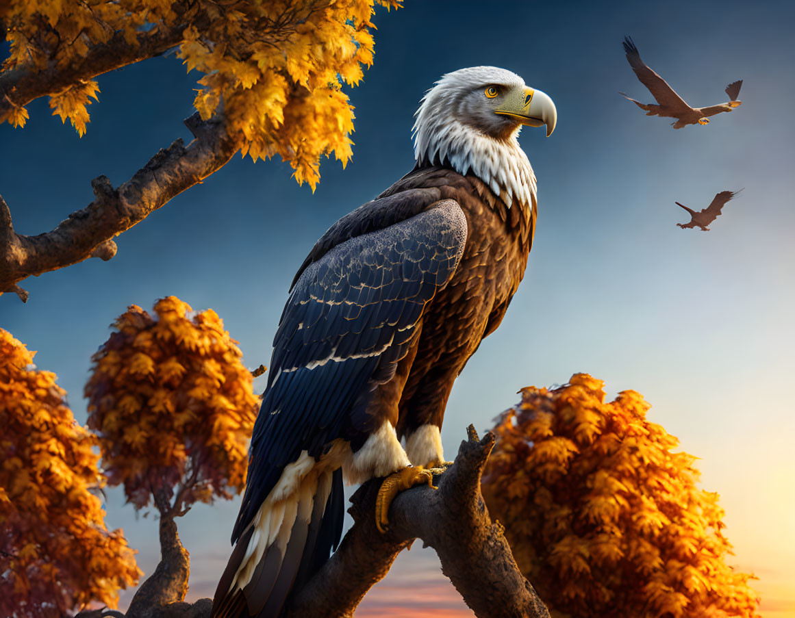 Bald eagle perched on branch with autumn foliage and birds in sunset sky