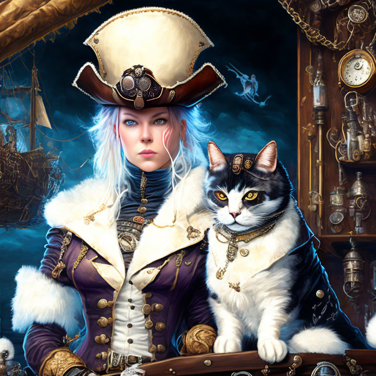 Digital artwork of a pirate captain woman and a cat in pirate attire against a nautical backdrop