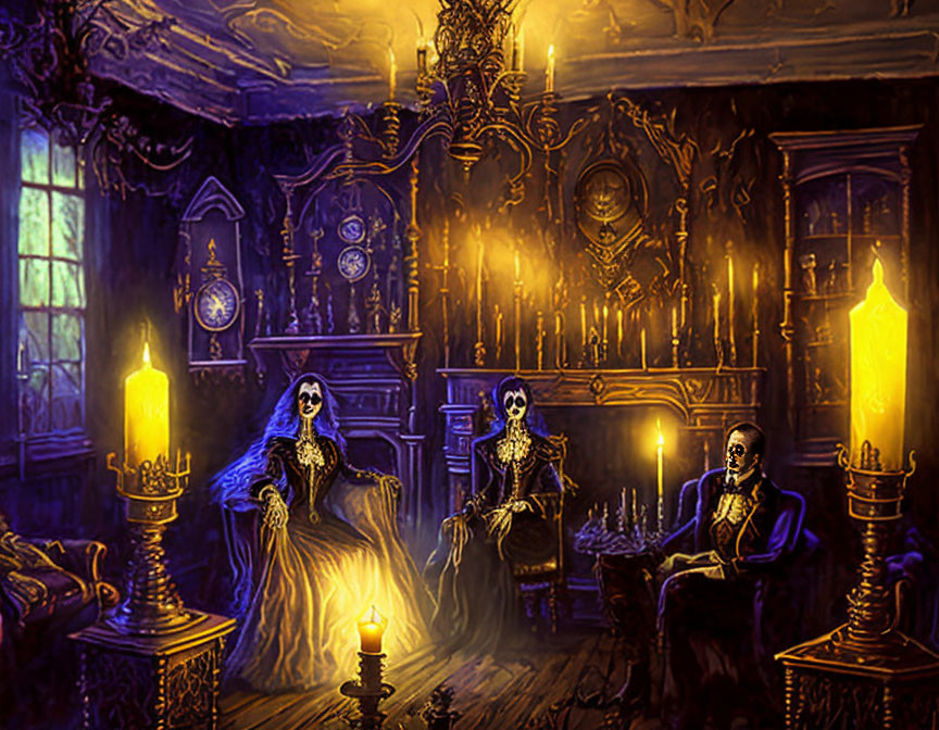 Aristocratic skeletal figures in opulent, dimly lit room